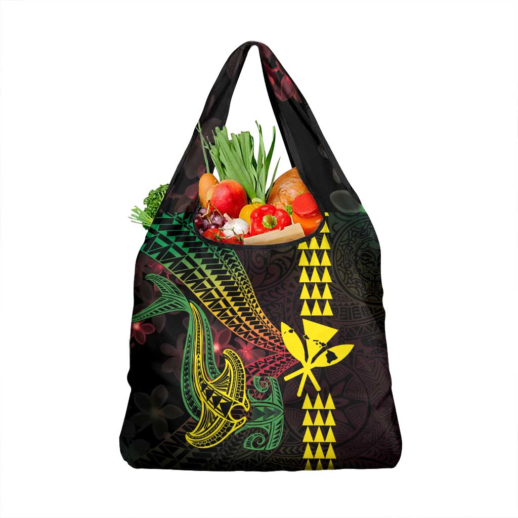 Hawaii Kakau Hammerhead Shark Grocery Bag Neon Plumeria Pattern