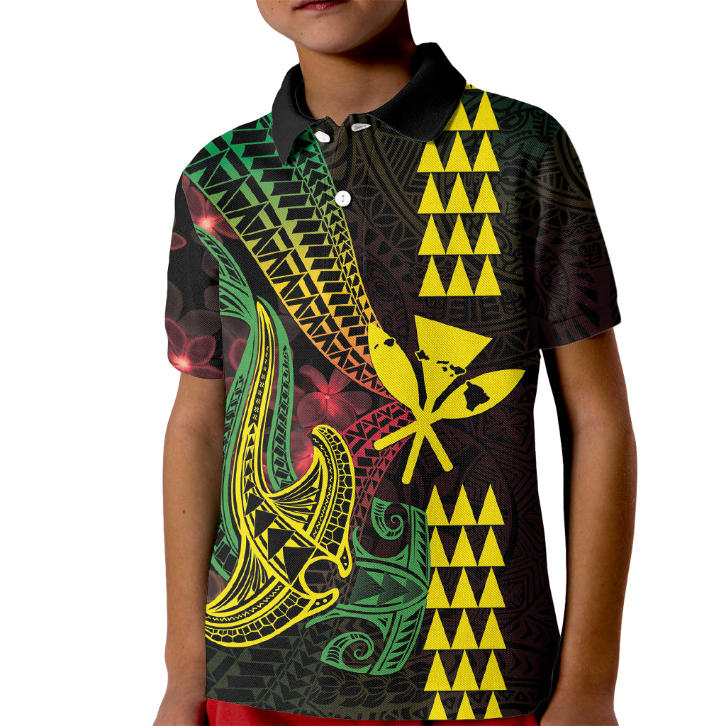 Hawaii Kakau Hammerhead Shark Kid Polo Shirt Neon Plumeria Pattern