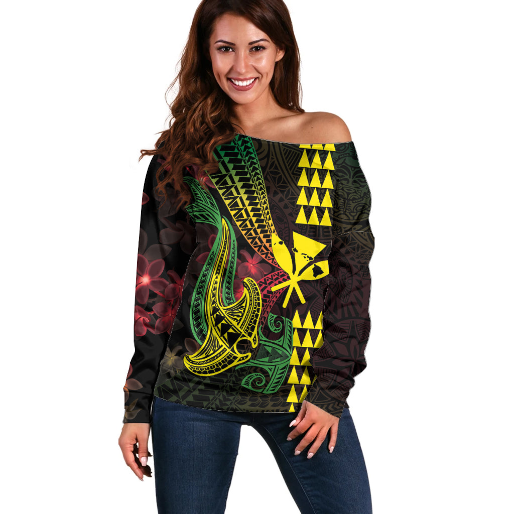 Hawaii Kakau Hammerhead Shark Off Shoulder Sweater Neon Plumeria Pattern