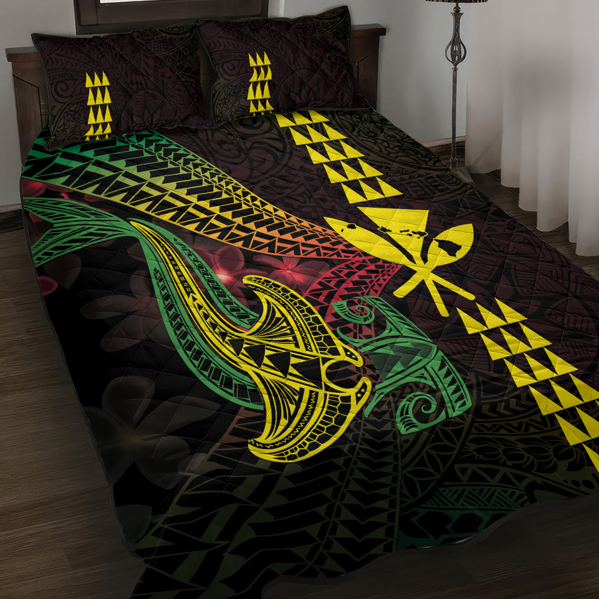 Hawaii Kakau Hammerhead Shark Quilt Bed Set Neon Plumeria Pattern