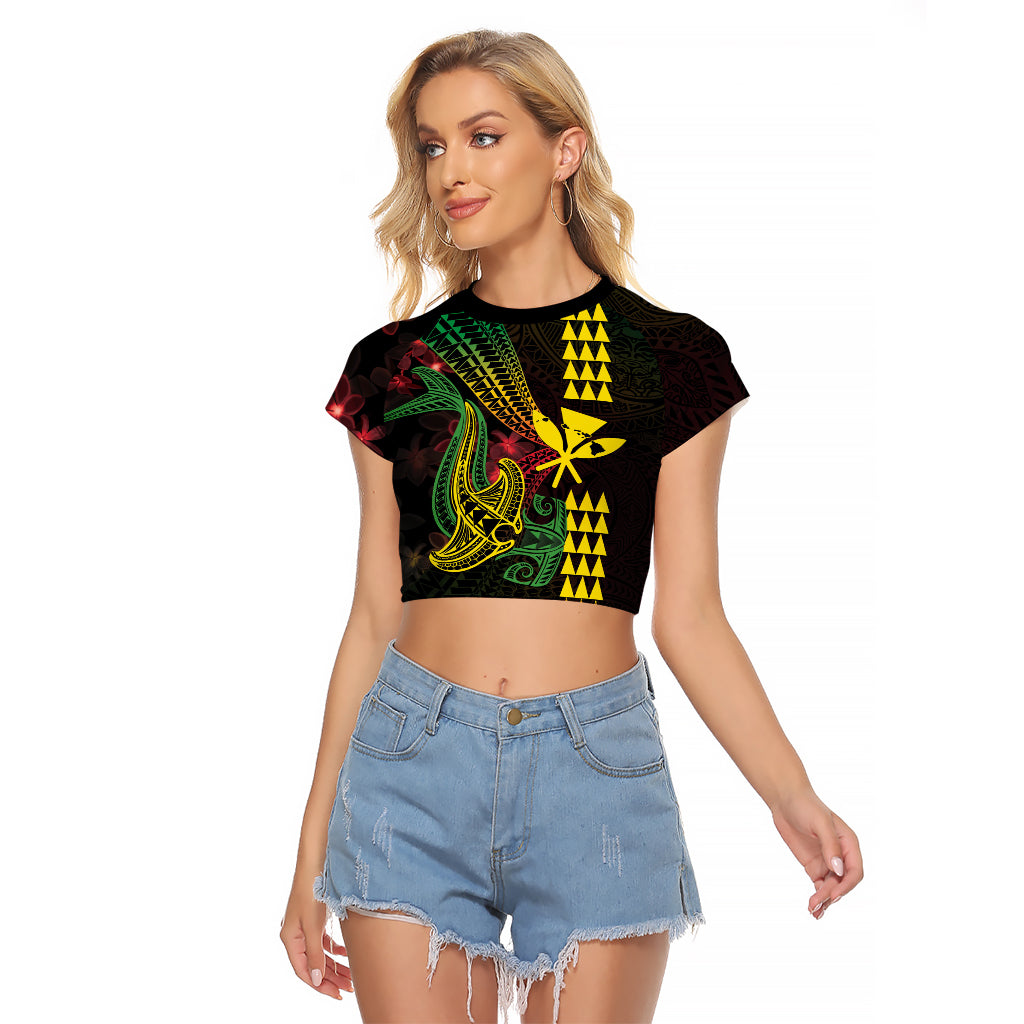 Hawaii Kakau Hammerhead Shark Raglan Cropped T Shirt Neon Plumeria Pattern