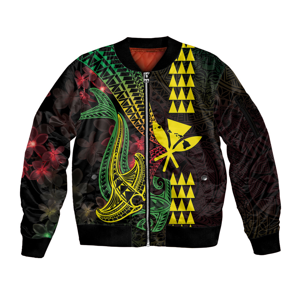 Hawaii Kakau Hammerhead Shark Sleeve Zip Bomber Jacket Neon Plumeria Pattern