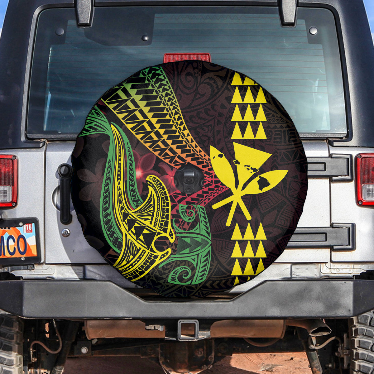 Hawaii Kakau Hammerhead Shark Spare Tire Cover Neon Plumeria Pattern