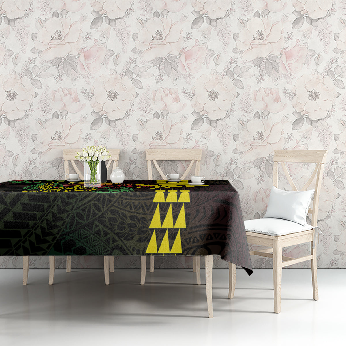 Hawaii Kakau Hammerhead Shark Tablecloth Neon Plumeria Pattern