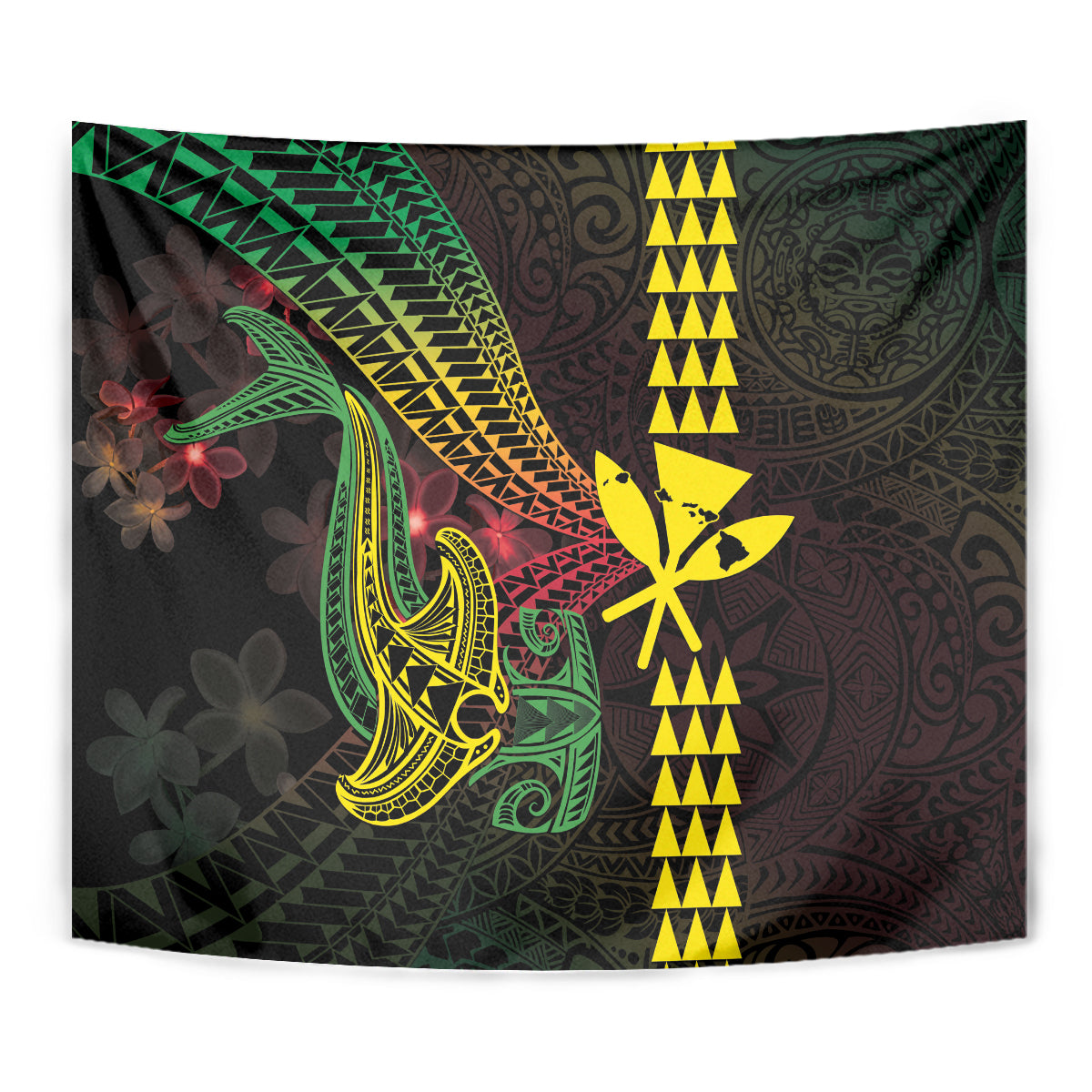 Hawaii Kakau Hammerhead Shark Tapestry Neon Plumeria Pattern