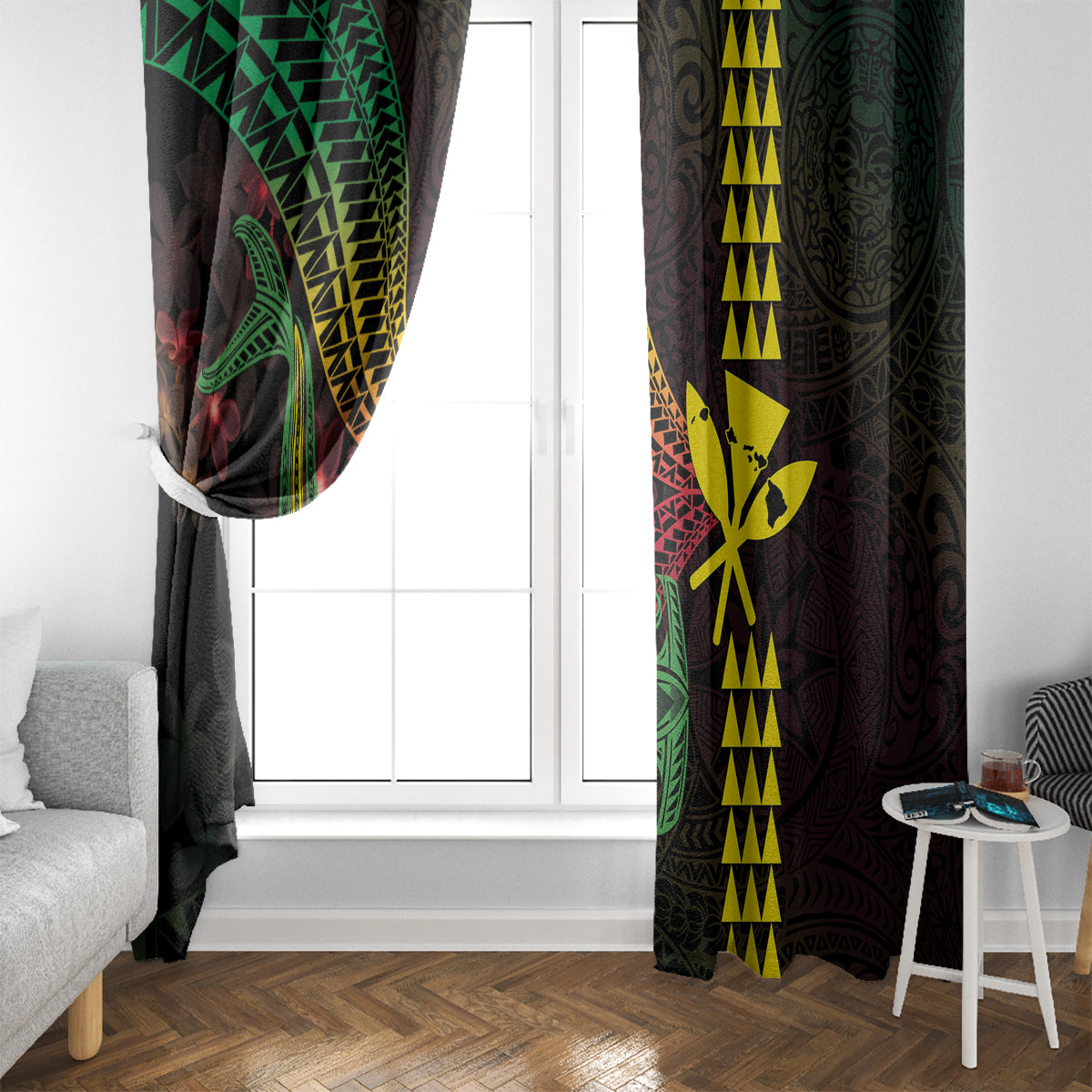 Hawaii Kakau Hammerhead Shark Window Curtain Neon Plumeria Pattern