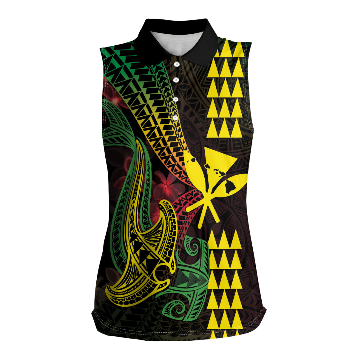 Hawaii Kakau Hammerhead Shark Women Sleeveless Polo Shirt Neon Plumeria Pattern