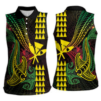 Hawaii Kakau Hammerhead Shark Women Sleeveless Polo Shirt Neon Plumeria Pattern