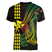 Hawaii Kakau Hammerhead Shark Women V-Neck T-Shirt Neon Plumeria Pattern