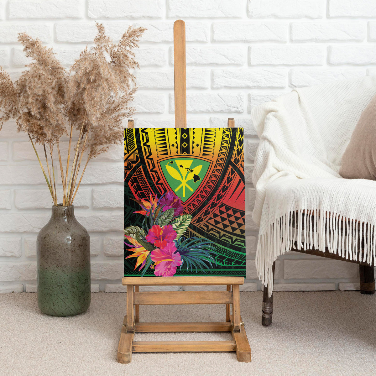 Hawaii Kanaka Maoli Flag Day Canvas Wall Art Tropical Flowers