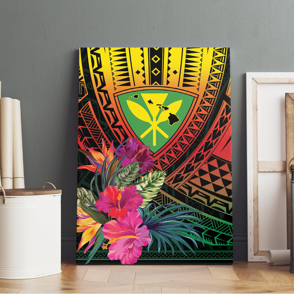 Hawaii Kanaka Maoli Flag Day Canvas Wall Art Tropical Flowers