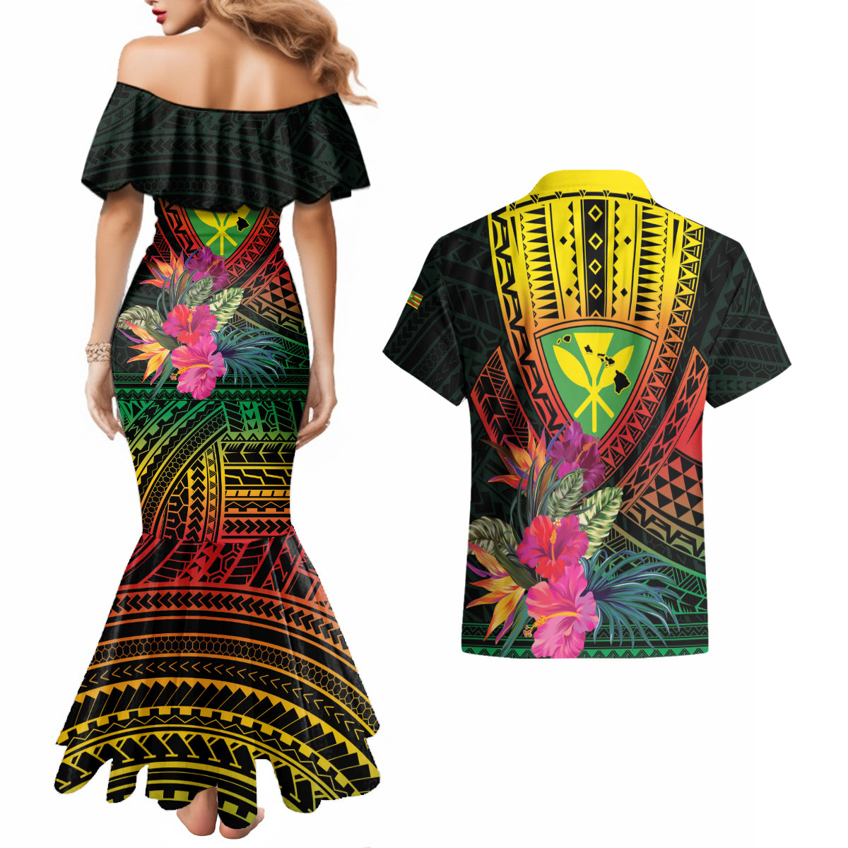 Hawaii Kanaka Maoli Flag Day Couples Matching Mermaid Dress and Hawaiian Shirt Tropical Flowers