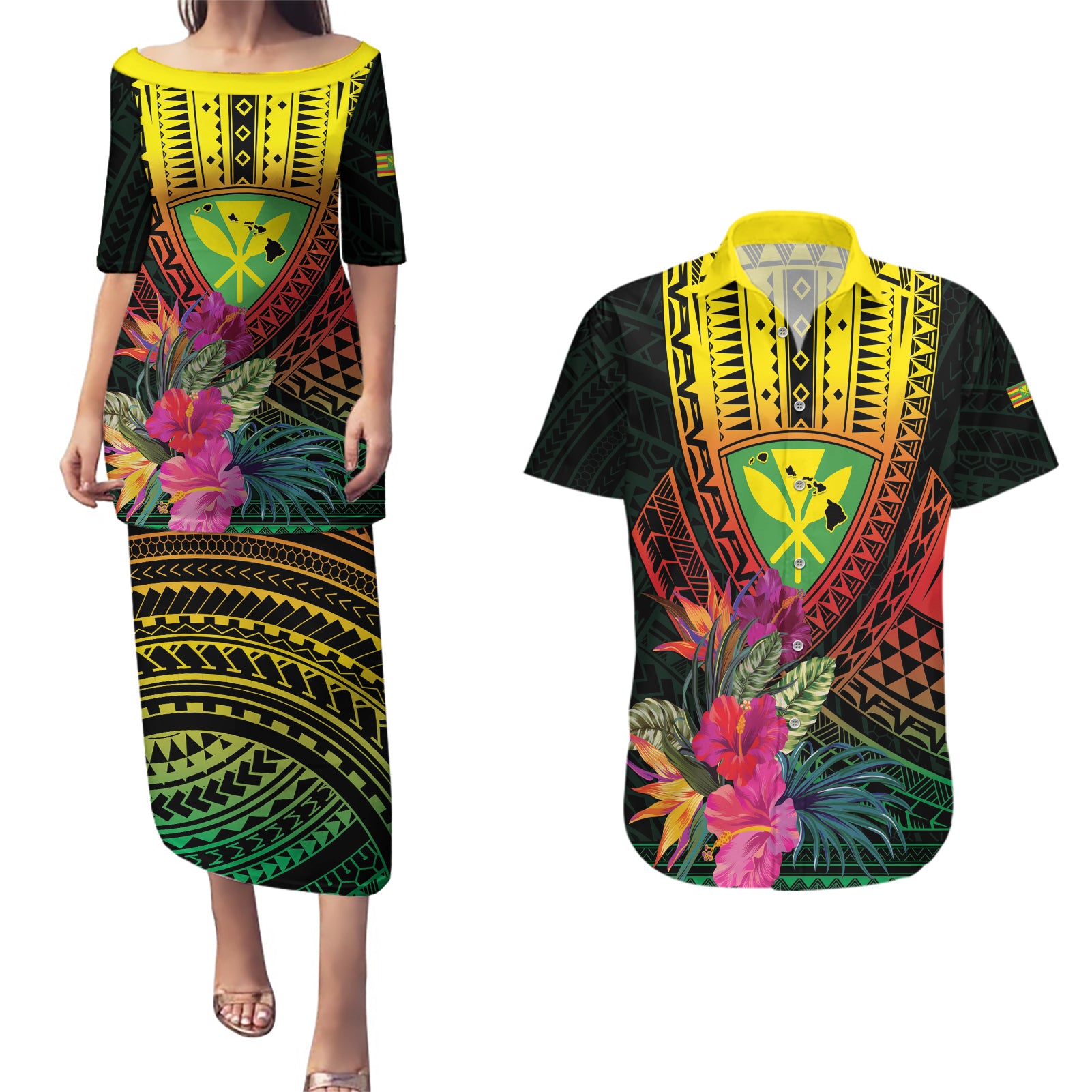 Hawaii Kanaka Maoli Flag Day Couples Matching Puletasi and Hawaiian Shirt Tropical Flowers