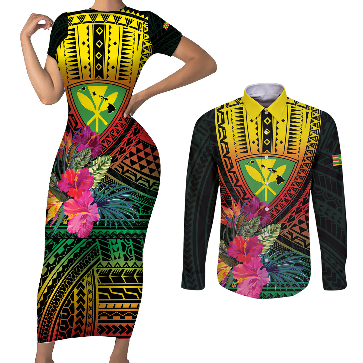 Hawaii Kanaka Maoli Flag Day Couples Matching Short Sleeve Bodycon Dress and Long Sleeve Button Shirt Tropical Flowers