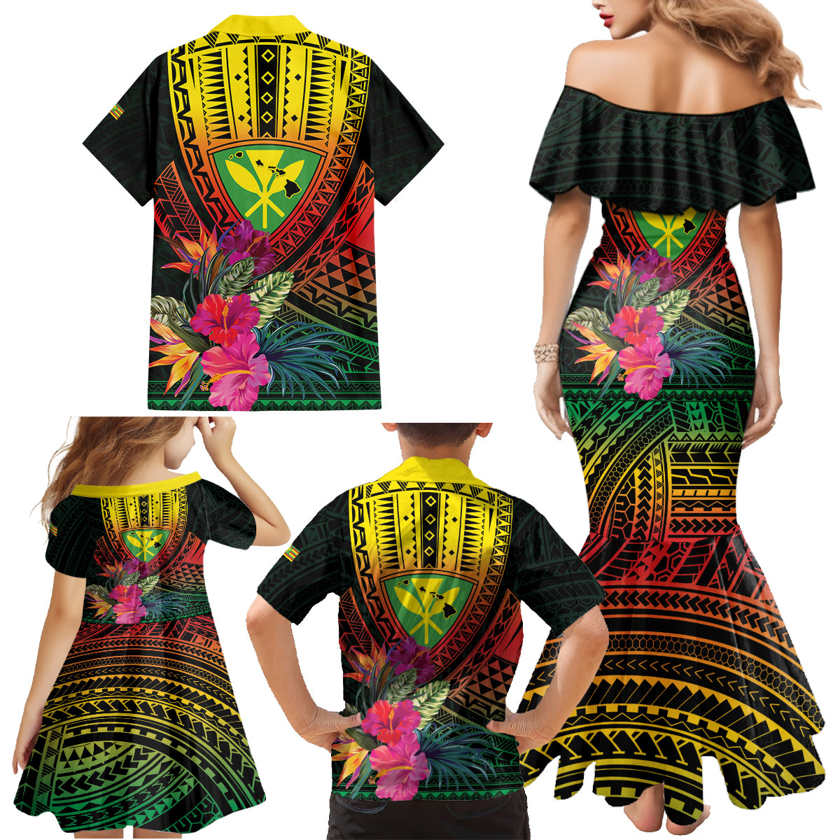 Hawaii Kanaka Maoli Flag Day Family Matching Mermaid Dress and Hawaiian Shirt Tropical Flowers