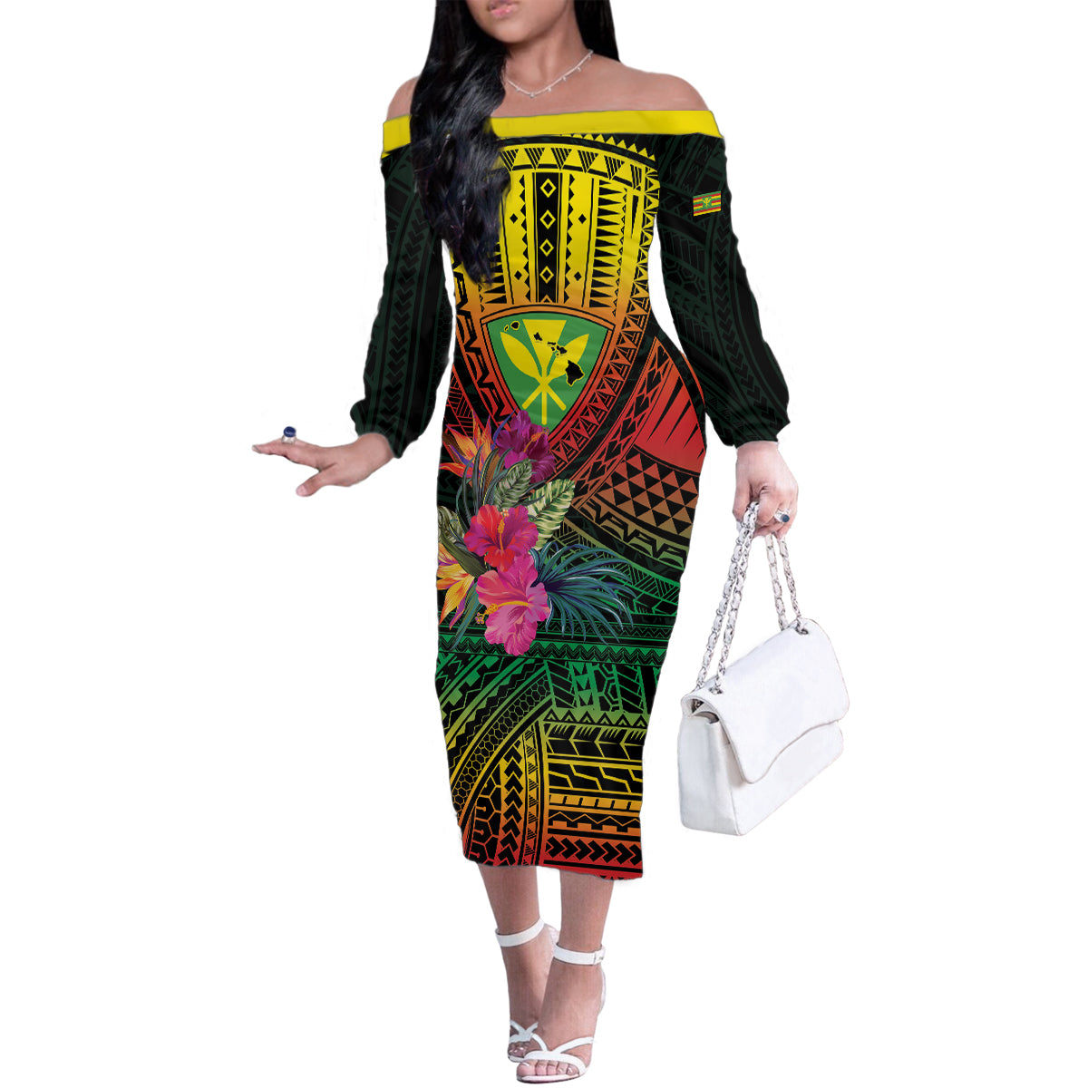 Hawaii Kanaka Maoli Flag Day Family Matching Off The Shoulder Long Sleeve Dress and Hawaiian Shirt Tropical Flowers