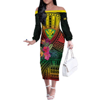 Hawaii Kanaka Maoli Flag Day Family Matching Off The Shoulder Long Sleeve Dress and Hawaiian Shirt Tropical Flowers