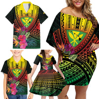Hawaii Kanaka Maoli Flag Day Family Matching Off Shoulder Short Dress and Hawaiian Shirt Tropical Flowers