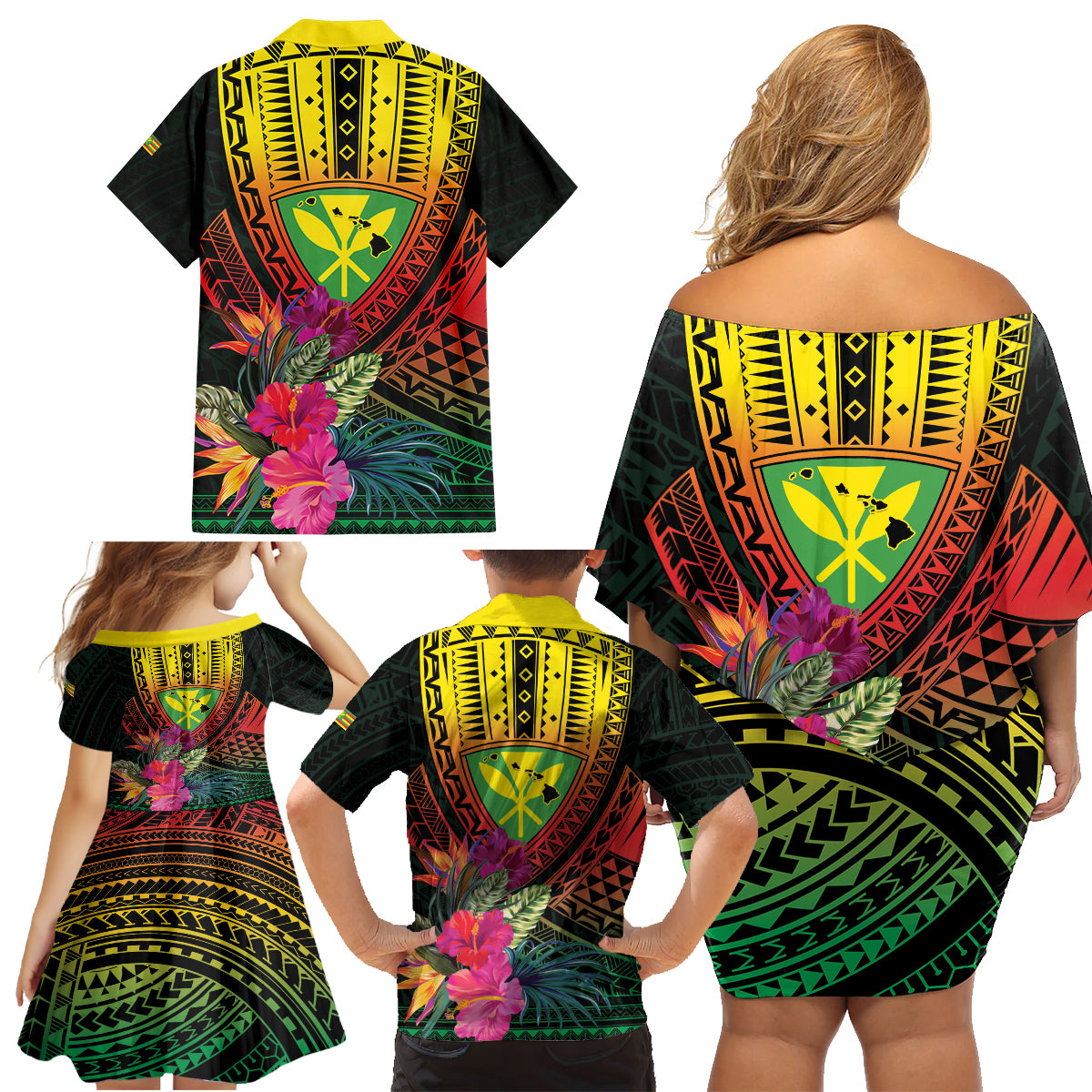 Hawaii Kanaka Maoli Flag Day Family Matching Off Shoulder Short Dress and Hawaiian Shirt Tropical Flowers