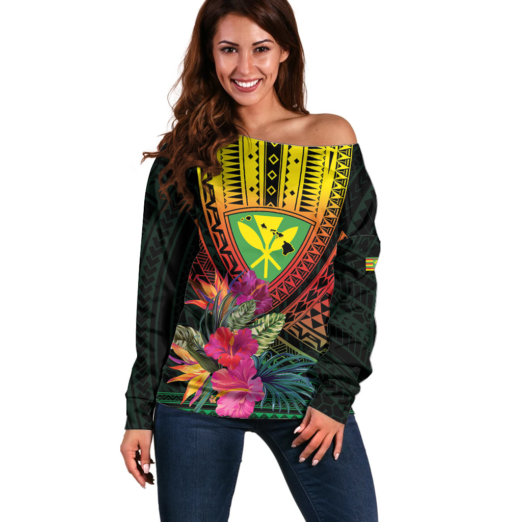 Hawaii Kanaka Maoli Flag Day Off Shoulder Sweater Tropical Flowers