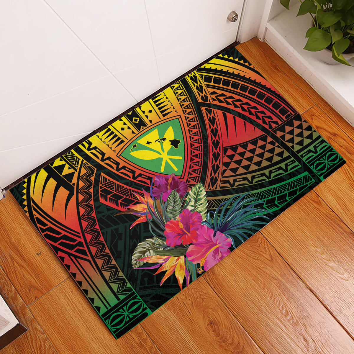 Hawaii Kanaka Maoli Flag Day Rubber Doormat Tropical Flowers