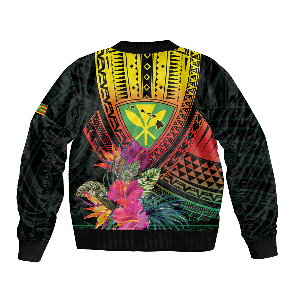 Hawaii Kanaka Maoli Flag Day Sleeve Zip Bomber Jacket Tropical Flowers