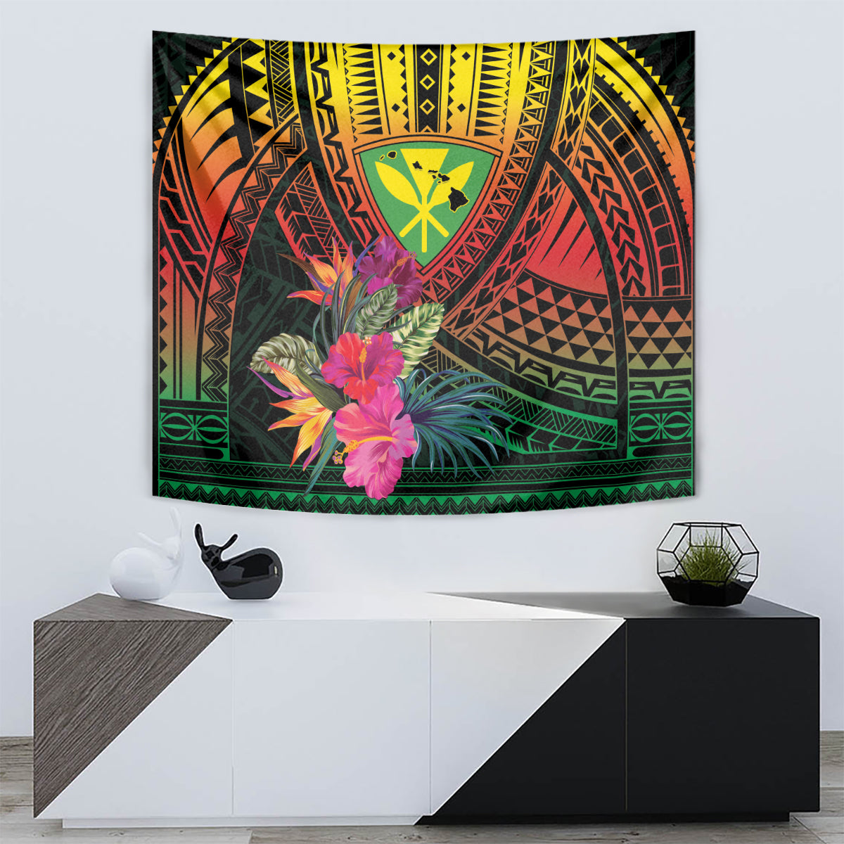 Hawaii Kanaka Maoli Flag Day Tapestry Tropical Flowers
