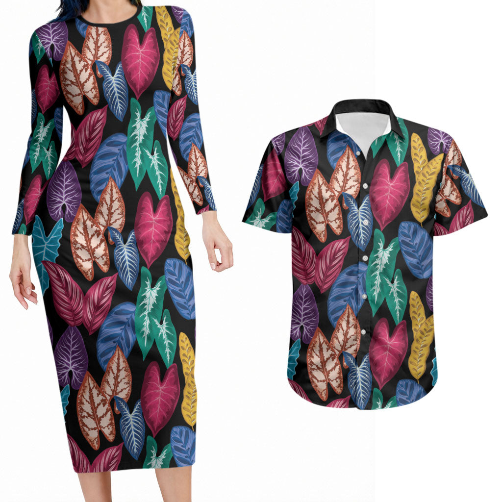 Hawaii Colorful Tropical Leaves Couples Matching Long Sleeve Bodycon Dress and Hawaiian Shirt LT01 Black - Polynesian Pride