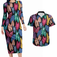 Hawaii Colorful Tropical Leaves Couples Matching Long Sleeve Bodycon Dress and Hawaiian Shirt LT01 Black - Polynesian Pride