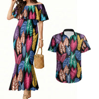 Hawaii Colorful Tropical Leaves Couples Matching Mermaid Dress and Hawaiian Shirt LT01 Black - Polynesian Pride