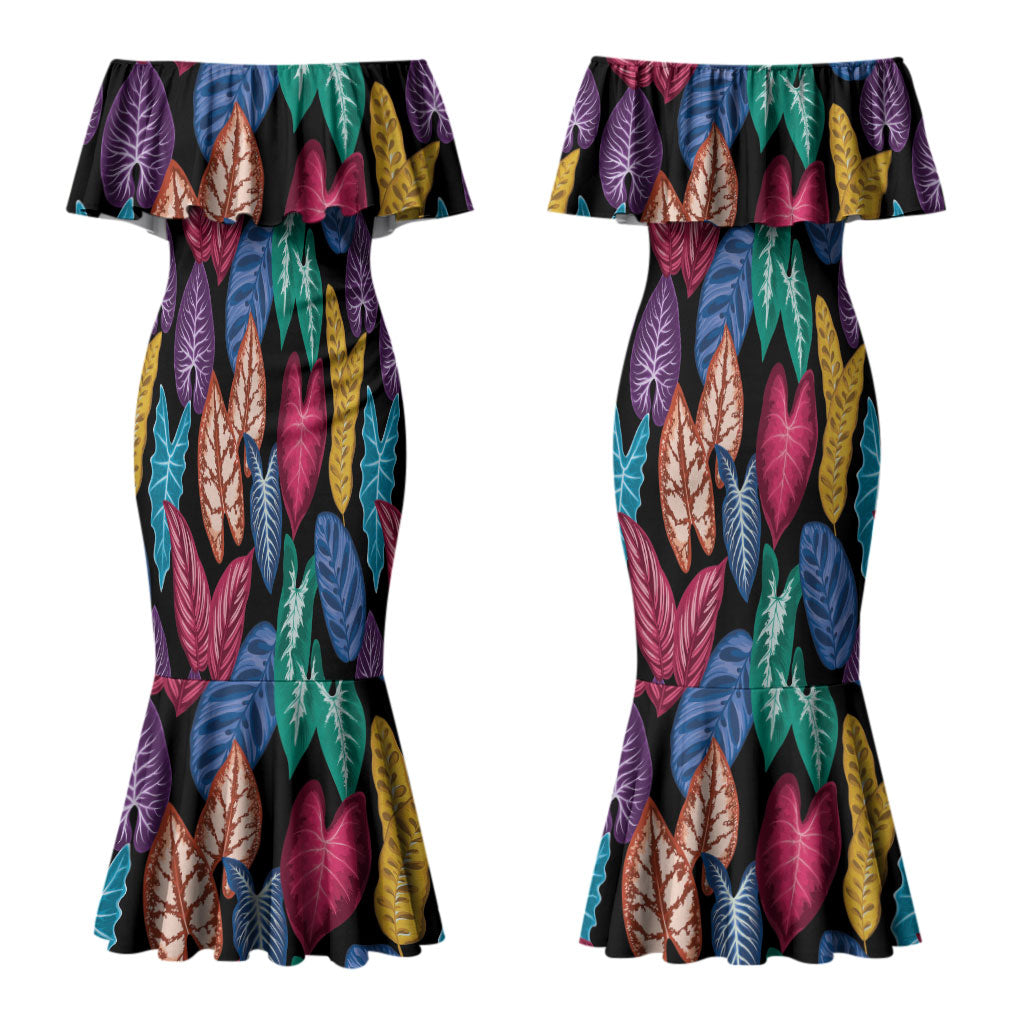 Hawaii Colorful Tropical Leaves Couples Matching Mermaid Dress and Long Sleeve Button Shirt LT01 - Polynesian Pride