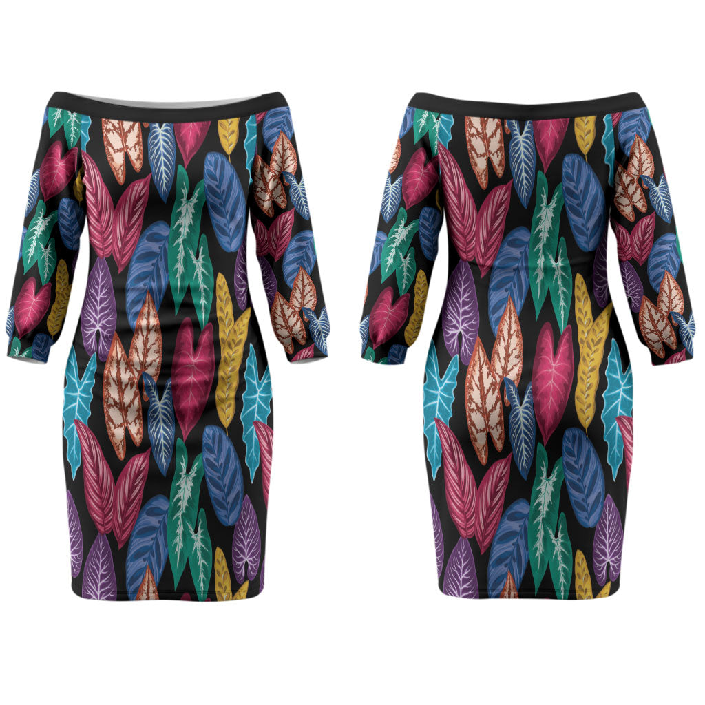 Hawaii Colorful Tropical Leaves Couples Matching Off The Shoulder Long Sleeve Dress and Hawaiian Shirt LT01 - Polynesian Pride