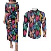 Hawaii Colorful Tropical Leaves Couples Matching Puletasi and Long Sleeve Button Shirt LT01 Black - Polynesian Pride
