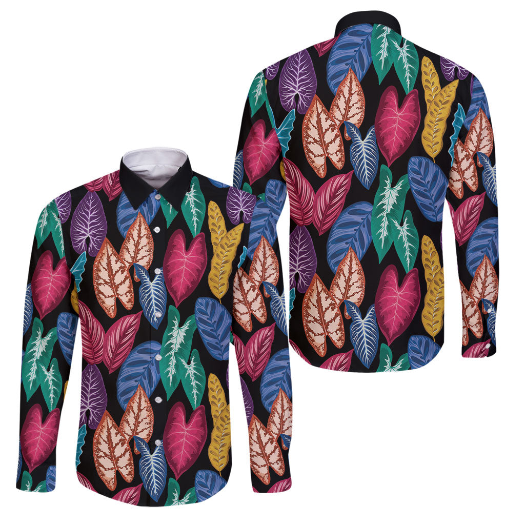 Hawaii Colorful Tropical Leaves Family Matching Off Shoulder Maxi Dress and Hawaiian Shirt LT01 Dad's Shirt - Long Sleeve Black - Polynesian Pride