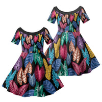 Hawaii Colorful Tropical Leaves Family Matching Off Shoulder Maxi Dress and Hawaiian Shirt LT01 Daughter's Dress Black - Polynesian Pride