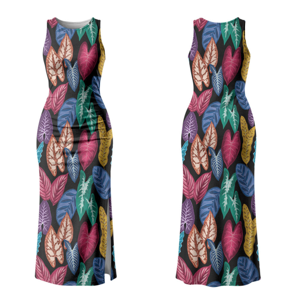 Hawaii Colorful Tropical Leaves Family Matching Tank Maxi Dress and Hawaiian Shirt LT01 Mom's Dress Black - Polynesian Pride