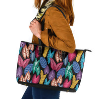 Hawaii Colorful Tropical Leaves Leather Tote Bag LT01 Black - Polynesian Pride
