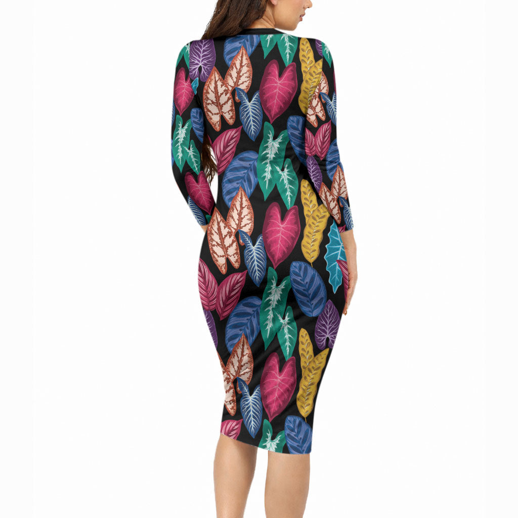 Hawaii Colorful Tropical Leaves Long Sleeve Bodycon Dress LT01 - Polynesian Pride