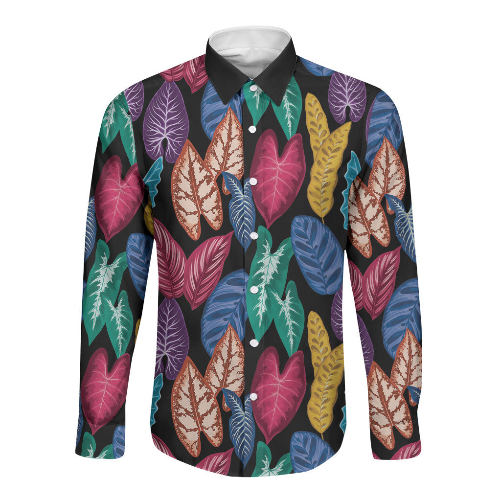 Hawaii Colorful Tropical Leaves Long Sleeve Button Shirt LT01 Unisex Black - Polynesian Pride