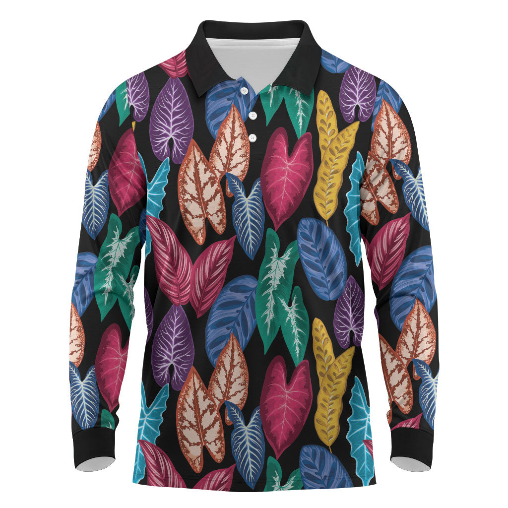 Hawaii Colorful Tropical Leaves Long Sleeve Polo Shirt LT01 Black - Polynesian Pride