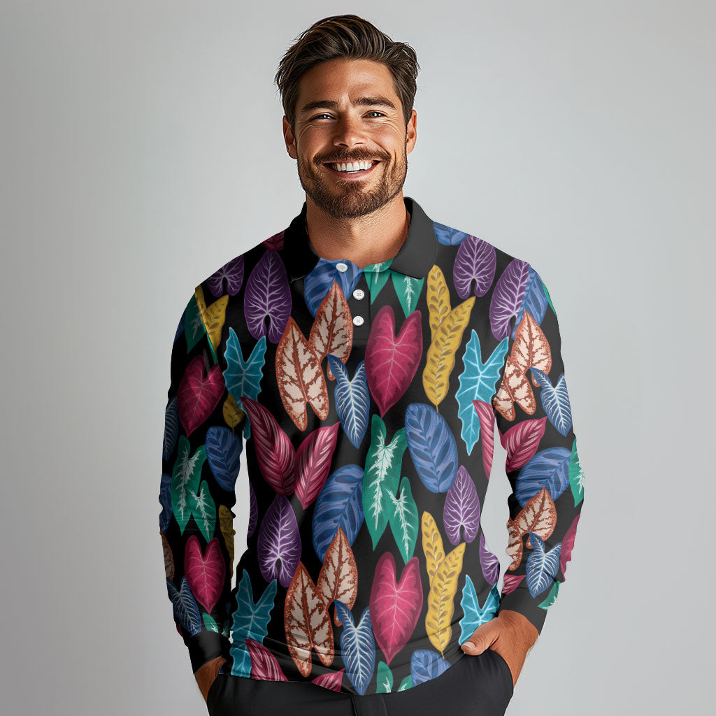 Hawaii Colorful Tropical Leaves Long Sleeve Polo Shirt LT01 - Polynesian Pride