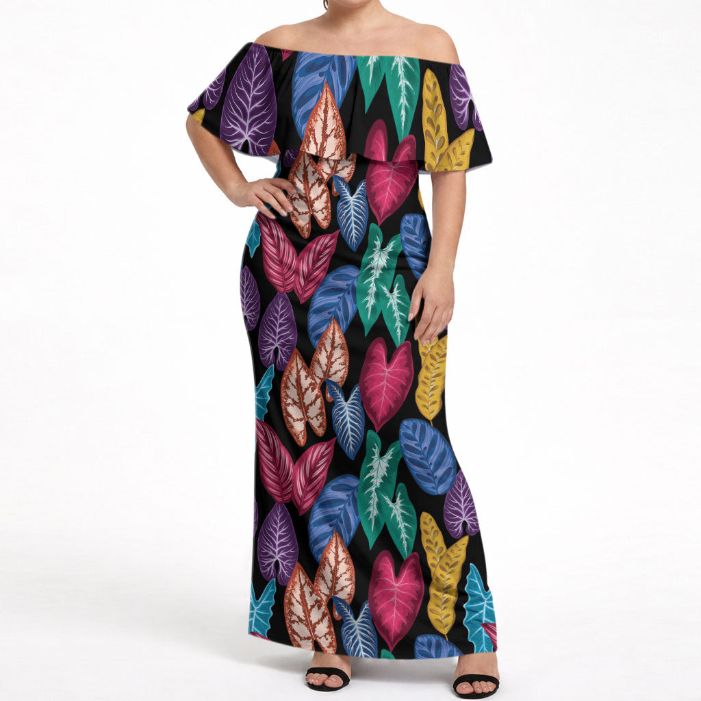 Hawaii Colorful Tropical Leaves Off Shoulder Maxi Dress