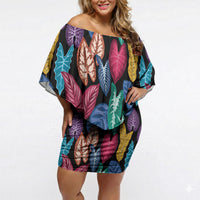 Hawaii Colorful Tropical Leaves Off Shoulder Short Dress LT01 Women Black - Polynesian Pride
