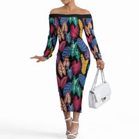 Hawaii Colorful Tropical Leaves Off The Shoulder Long Sleeve Dress LT01 Women Black - Polynesian Pride