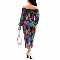 Hawaii Colorful Tropical Leaves Off The Shoulder Long Sleeve Dress LT01 - Polynesian Pride