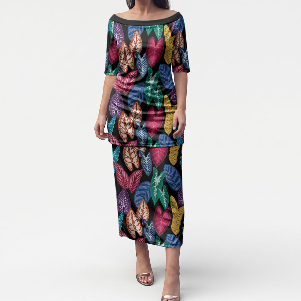 Hawaii Colorful Tropical Leaves Puletasi LT01 Long Dress Black - Polynesian Pride