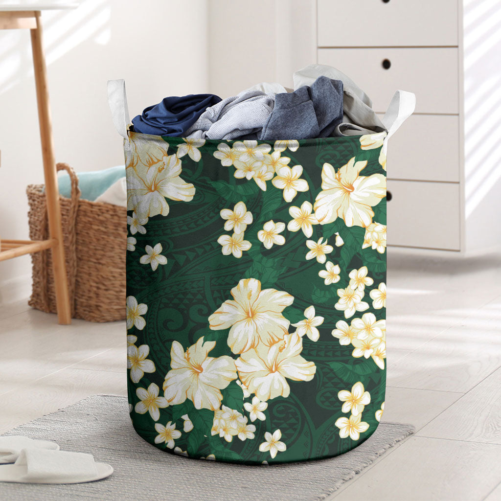 Hawaii Hibiscus Plumeria Green Laundry Basket Polynesian Pattern