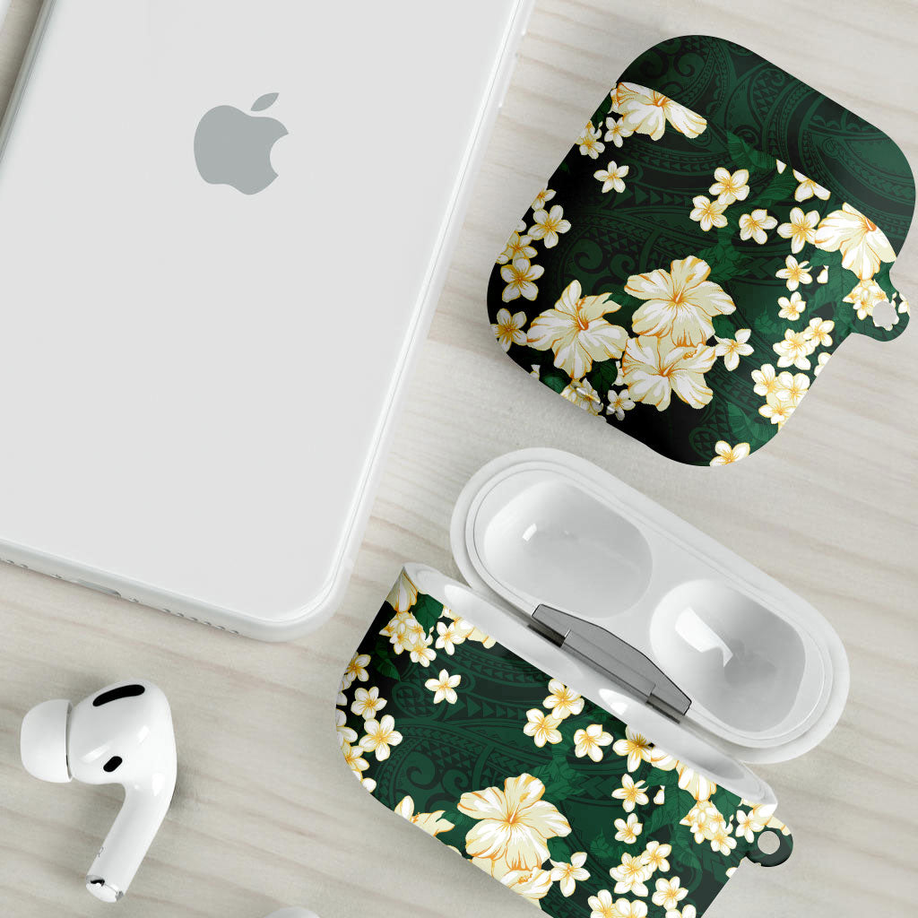 Hawaii Hibiscus Plumeria Green AirPods Case Polynesian Pattern