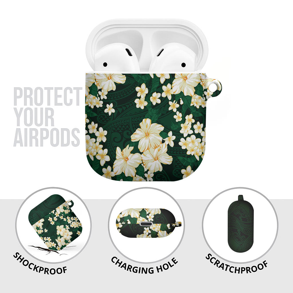 Hawaii Hibiscus Plumeria Green AirPods Case Polynesian Pattern