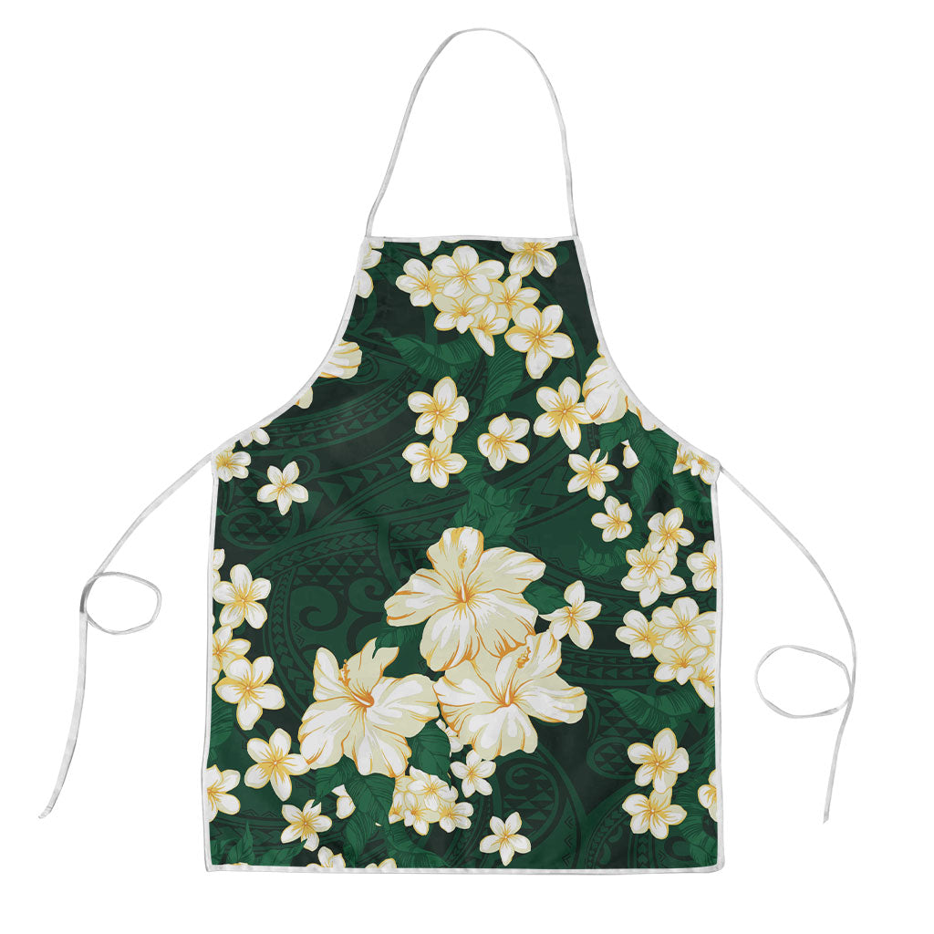 Hawaii Hibiscus Plumeria Green Apron Polynesian Pattern
